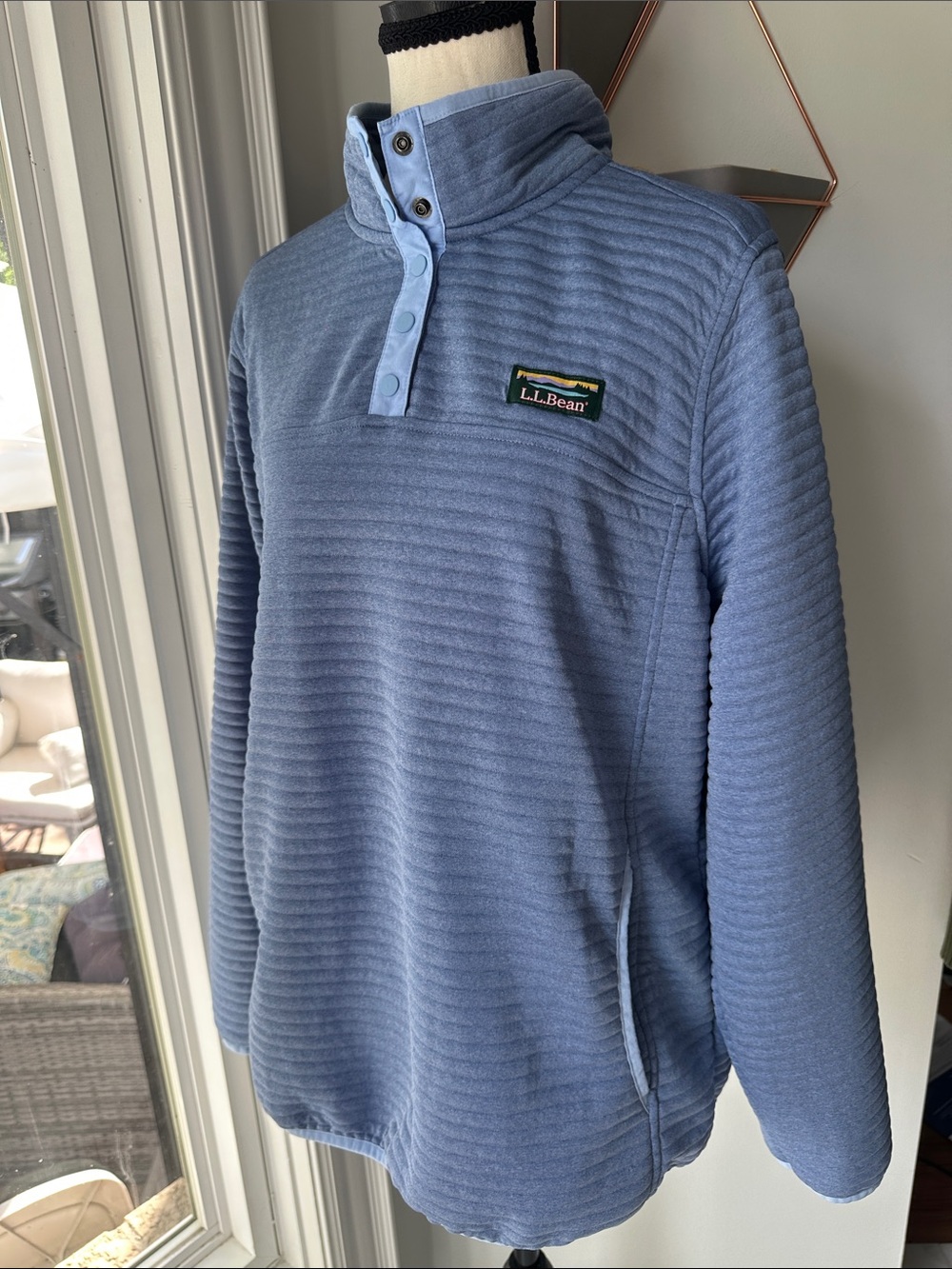 L.L. Bean Women’s Blue Quilted Snap-Front Pullover Sweater Sweatshirt Size Large